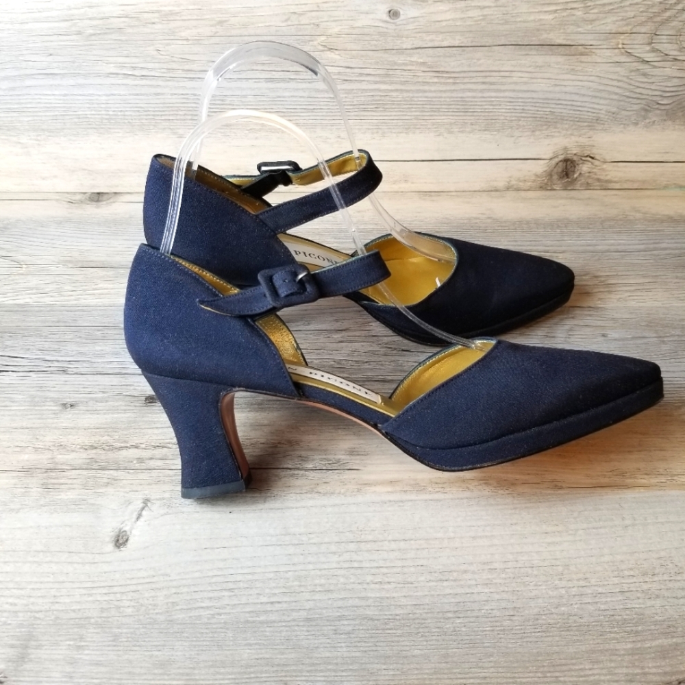 Evan-Picone Glory Navy Arianna Silk Ankle Strap Almond Close Toe Heel